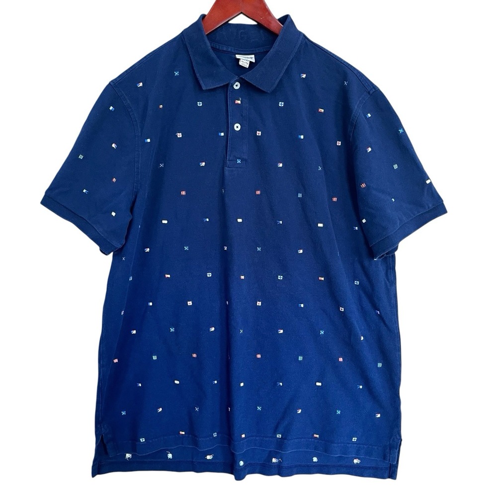 Merona All Over The World Embroidered Flags Polo Shirt Mens XL Blue Golf Preppy